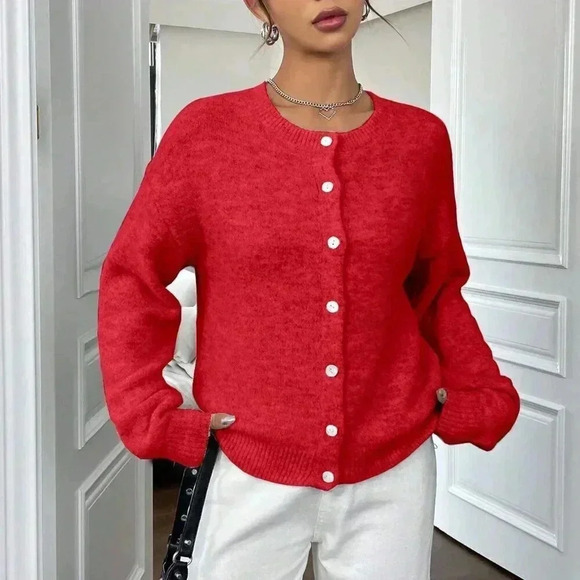 Red Casual Women's Loose Cardigan - Picture 5 of 8